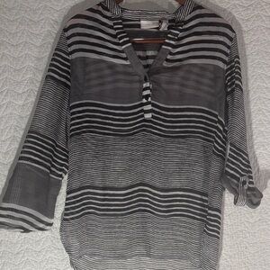 Chico's Black & White Striped Sheer V-Neck Tunic